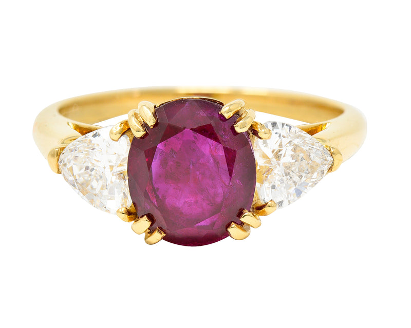 French 2.83 Carats No Heat Burmese Ruby Diamond Three Stone 18 Karat Yellow Gold Ring