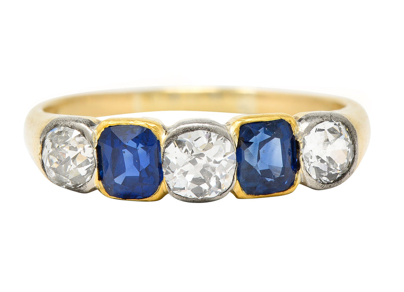 Victorian 1.63 CTW Old Mine Cut Diamond Sapphire Platinum 14 Karat Yellow Gold Five Stone Antique Band Ring