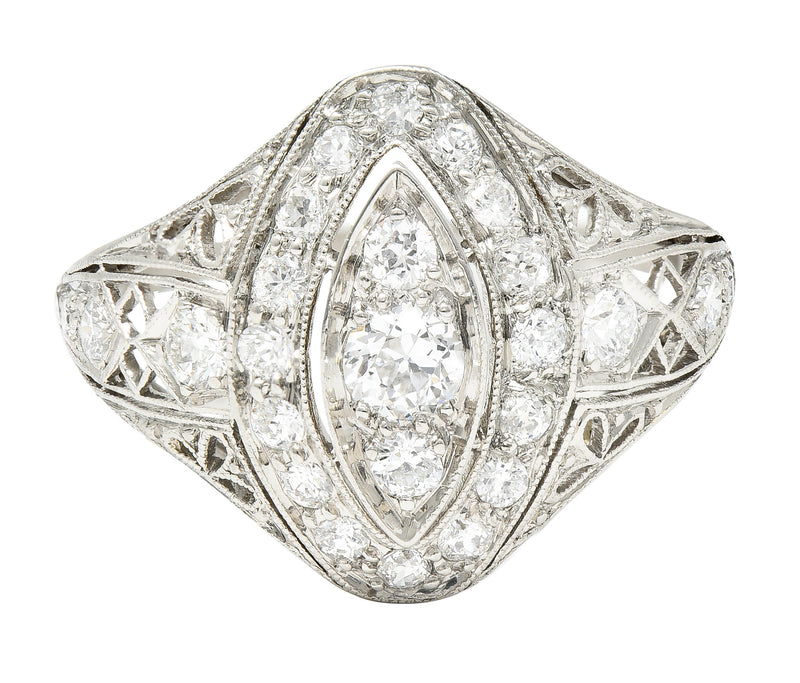 Art Deco 0.72 CTW Old European Cut Diamond Platinum Foliate Filigree Navette Dinner Ring