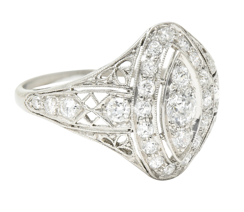 Art Deco 0.72 CTW Old European Cut Diamond Platinum Foliate Filigree Navette Dinner Ring