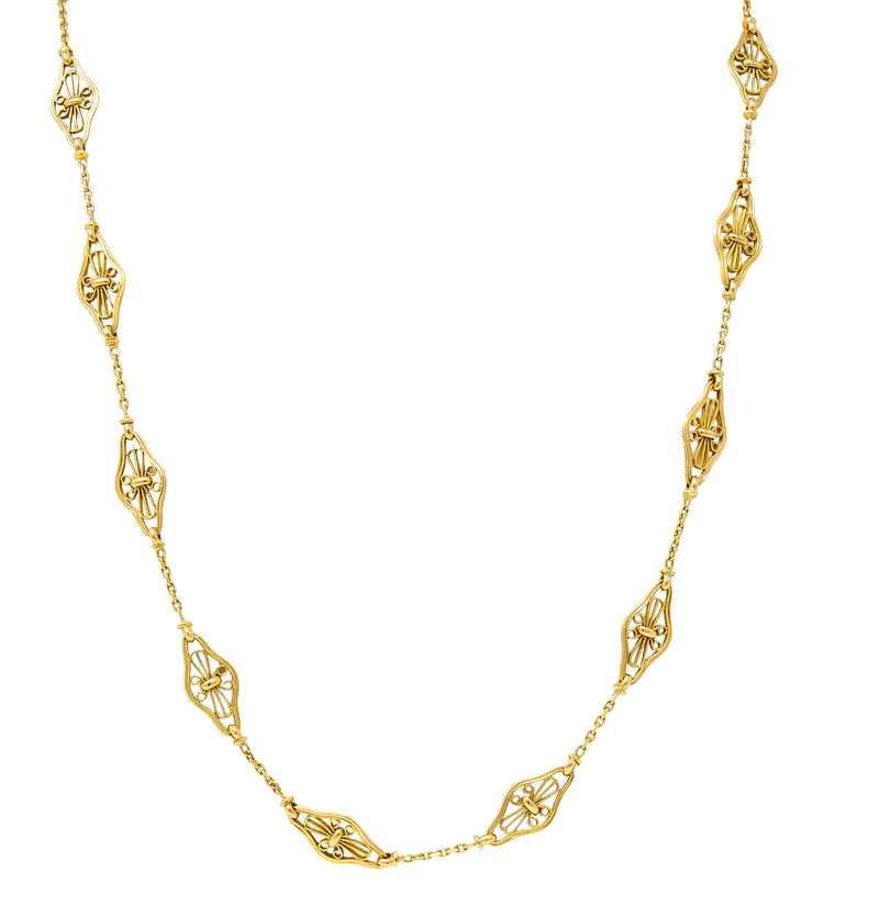 French Victorian 18 Karat Yellow Gold Filigree Navette 30 1/2 Inch Long Antique Chain Necklace