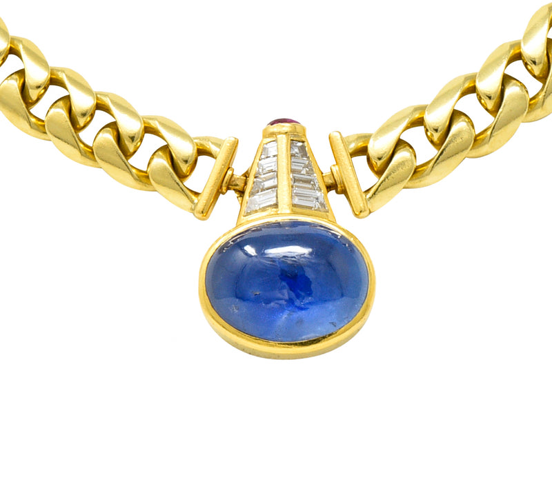 Bulgari Substantial 1980’s 18.00 CTW Sapphire Ruby Diamond 18 Karat Yellow Gold Vintage Necklace