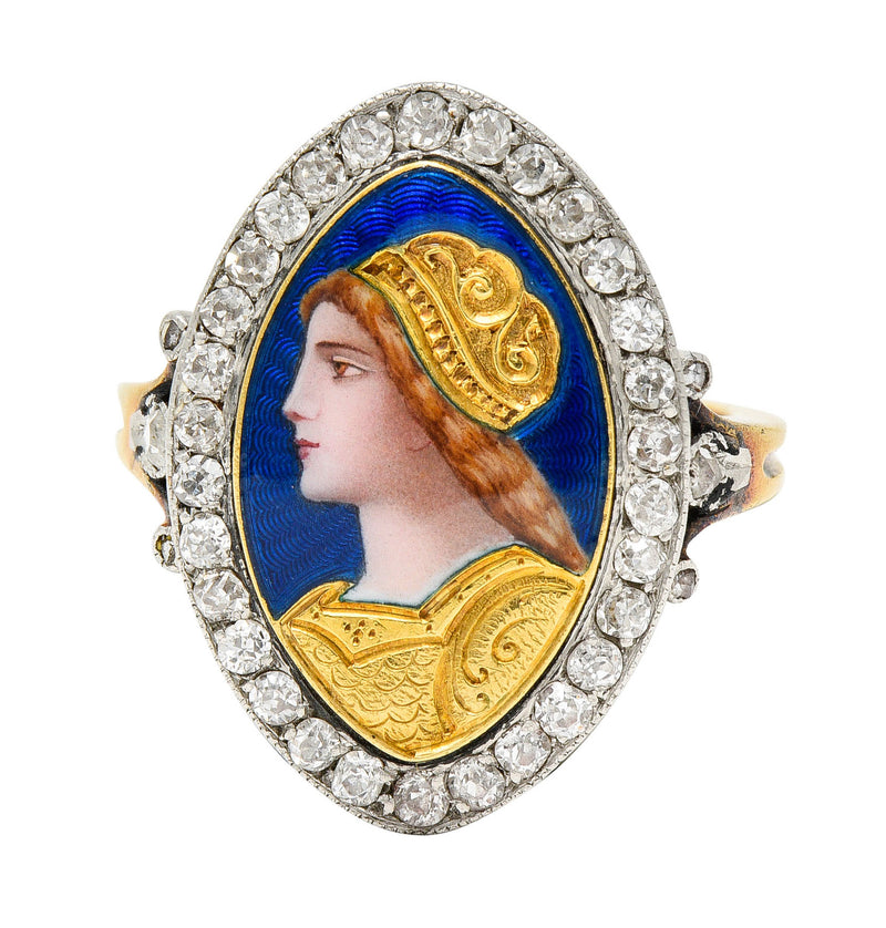 1890’s Victorian Guilloche Enamel Diamond Platinum-Topped 18 Karat Gold Portrait Ring