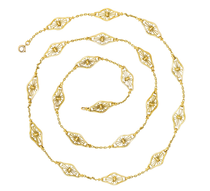 French Victorian 18 Karat Yellow Gold Filigree Navette 30 1/2 Inch Long Antique Chain Necklace