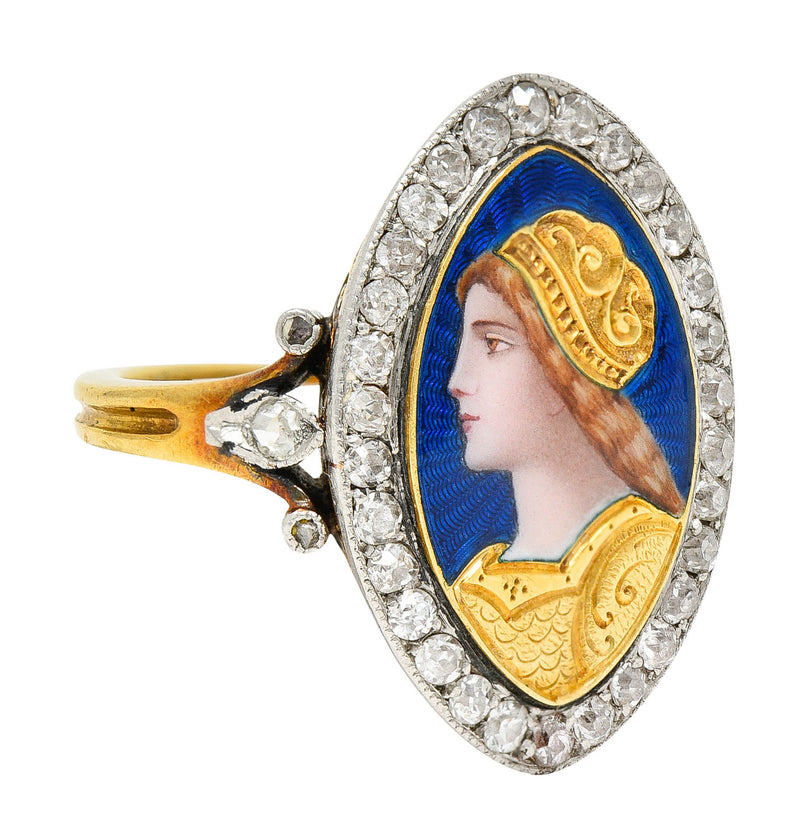 1890’s Victorian Guilloche Enamel Diamond Platinum-Topped 18 Karat Gold Portrait Ring