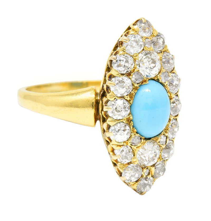 Victorian 1.68 CTW Old European Cut Diamond Turquoise 18 Karat Yellow Gold Antique Navette Cluster Ring