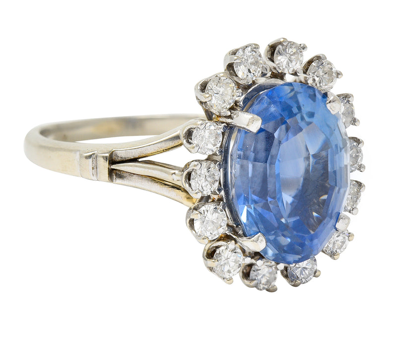 Mid-Century 7.03 CTW Oval Cut No Heat Ceylon Sapphire Diamond 14 Karat White Gold Vintage Halo Ring GIA