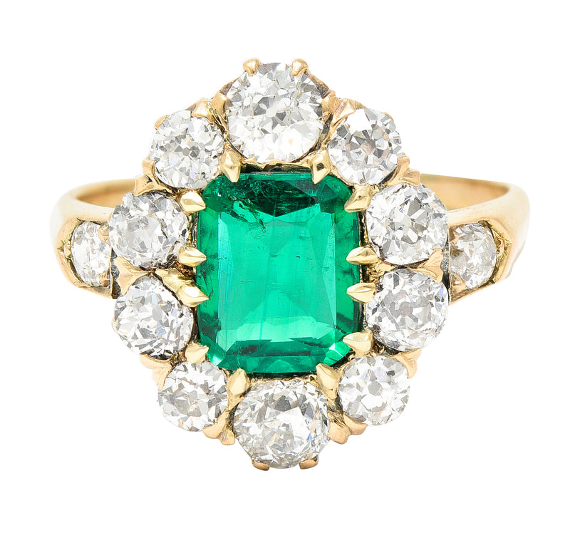 Victorian 2.71 CTW Colombian Cushion Cut Emerald Old European Cut Diamond 14 Karat Yellow Gold Antique Cluster Ring AGL