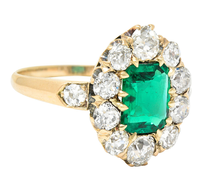 Victorian 2.71 CTW Colombian Cushion Cut Emerald Old European Cut Diamond 14 Karat Yellow Gold Antique Cluster Ring AGL