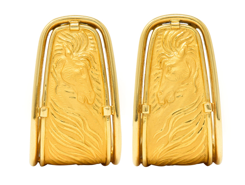 Carrera Y Carrera 1980’s 18 Karat Yellow Gold Ecuestre Horse Vintage J-Hoop Earrings