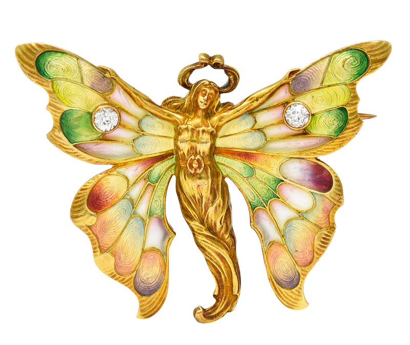 Whiteside & Blank Art Nouveau Plique-a-Jour Enamel Diamond 18 Karat Yellow Gold Fairy Antique Brooch