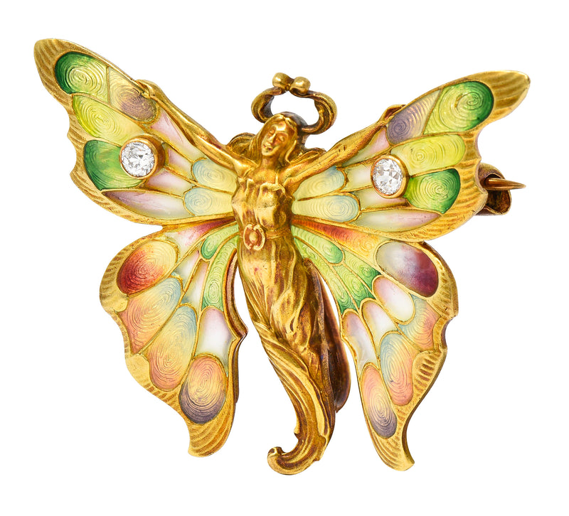 Whiteside & Blank Art Nouveau Plique-a-Jour Enamel Diamond 18 Karat Yellow Gold Fairy Antique Brooch