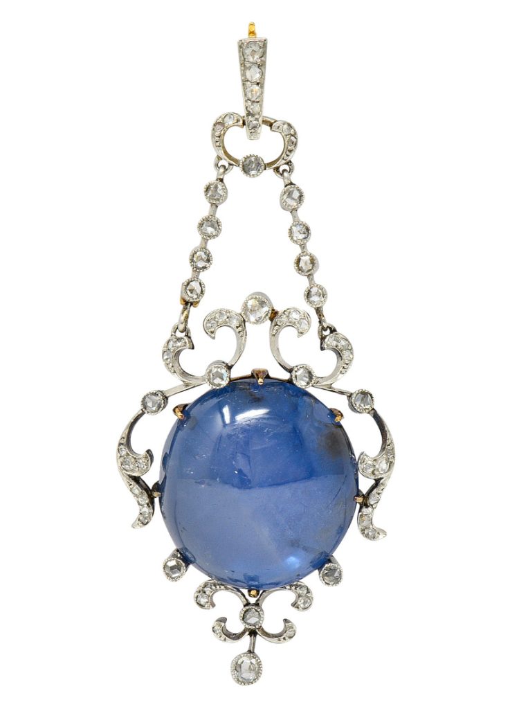 French Edwardian 61.83 CTW Star Sapphire Cabochon Diamond Silver-Topped Whiplash Antique Enhancer Pendant