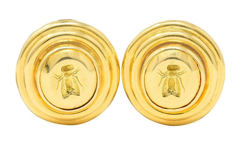 Elizabeth Locke 1980’s 19 Karat Yellow Gold Fly Intaglio Insect Bug Circle Vintage Earrings