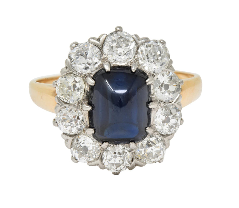 Edwardian 5.50 CTW No Heat Sugarloaf Sapphire Diamond Platinum 14 Karat Gold Antique Halo Ring GIA