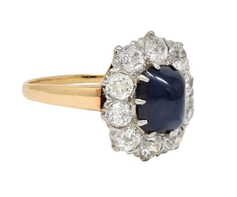 Edwardian 5.50 CTW No Heat Sugarloaf Sapphire Diamond Platinum 14 Karat Gold Antique Halo Ring GIA