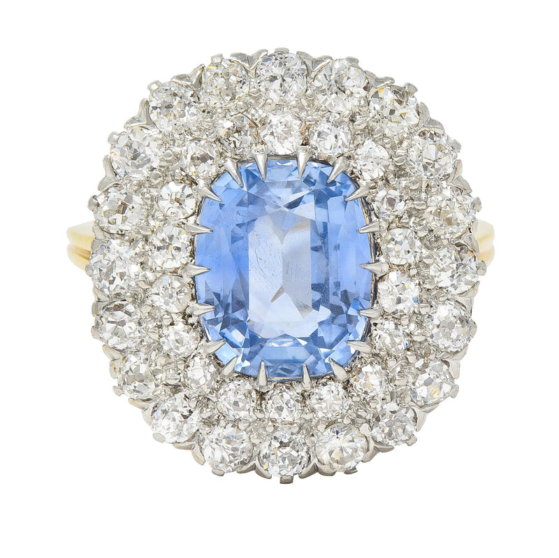 Edwardian 5.79 CTW No Heat Ceylon Sapphire Diamond Platinum 14 Karat Gold Double Halo Antique Ring GIA