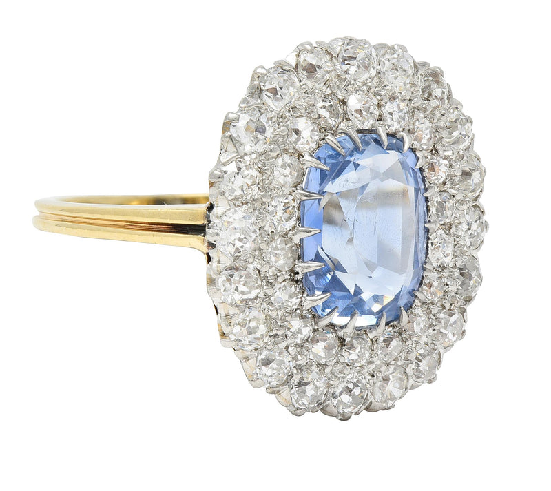 Edwardian 5.79 CTW No Heat Ceylon Sapphire Diamond Platinum 14 Karat Gold Double Halo Antique Ring GIA