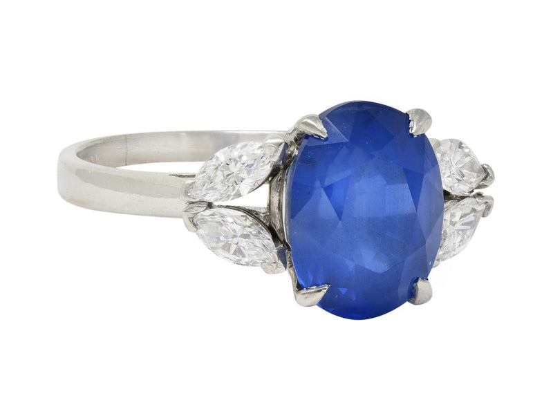 Mid-Century 6.12 CTW No Heat Burma Sapphire Diamond Platinum Five Stone Vintage Ring GIA