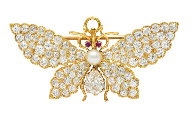 Victorian 4.53 CTW Diamond Ruby Pearl 18 Karat Gold Antique Butterfly Pendant Brooch