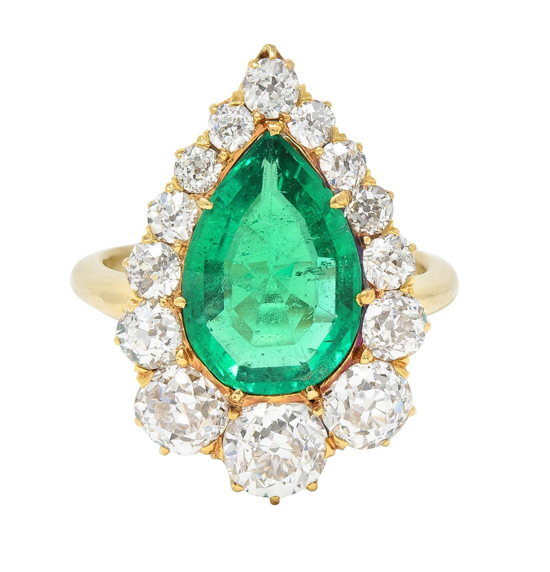 Late Victorian 5.34 CTW Pear Cut Colombian Emerald Diamond 18 Karat Yellow Gold Antique Halo Ring AGL