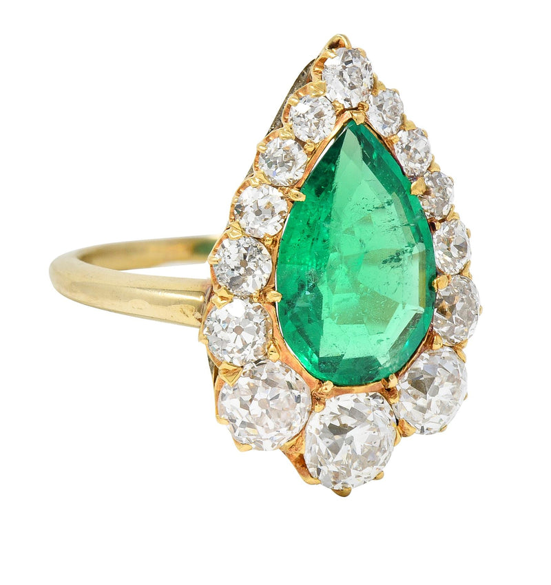 Late Victorian 5.34 CTW Pear Cut Colombian Emerald Diamond 18 Karat Yellow Gold Antique Halo Ring AGL