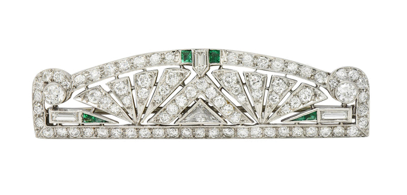 Art Deco 3.22 CTW Emerald Diamond Platinum Streamline Geometric Unisex Brooch