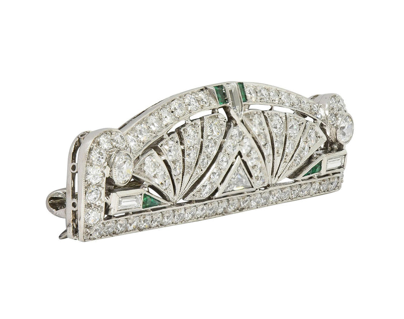 Art Deco 3.22 CTW Emerald Diamond Platinum Streamline Geometric Unisex Brooch