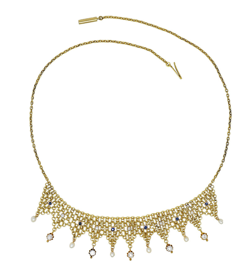 Victorian Russian 1.00 CTW Diamond Sapphire Pearl 14 Karat Gold Mesh Fringe Antique Necklace