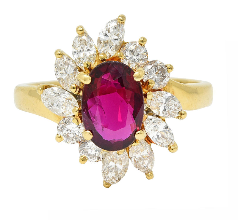 1990s 2.35 CTW Ruby Diamond 18 Karat Yellow Gold Spray Cluster Ring GIA