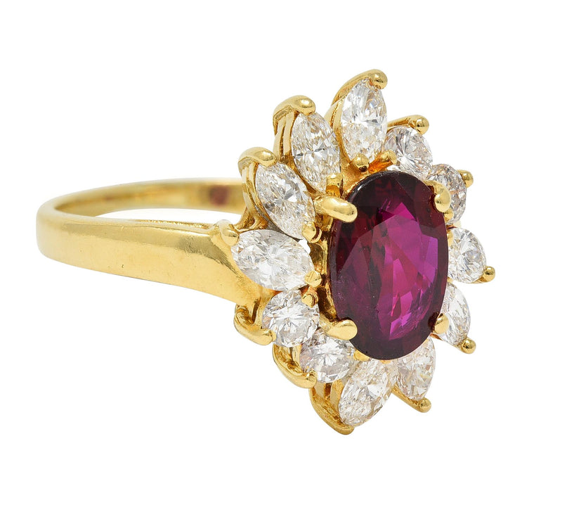 1990s 2.35 CTW Ruby Diamond 18 Karat Yellow Gold Spray Cluster Ring GIA