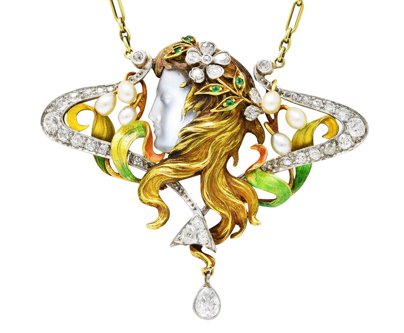 Substantial Art Nouveau Moonstone Enamel Diamond Emerald Platinum 18 Karat Gold Goddess Antique Pendant Necklace