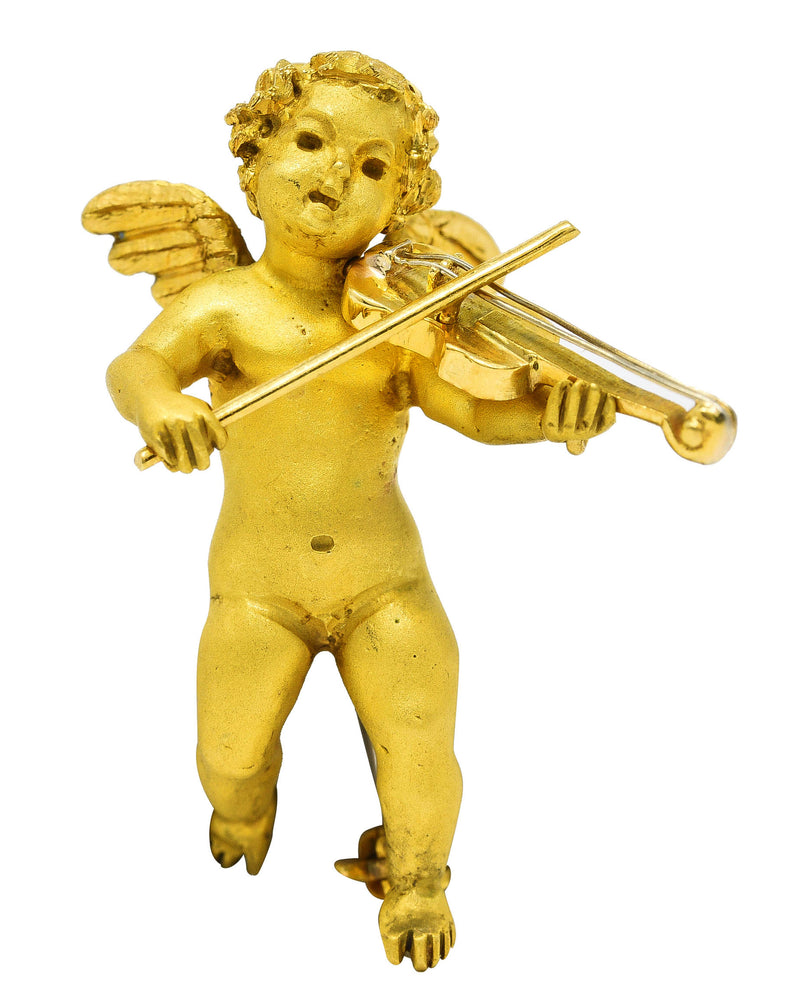 1960’s Vintage 18 Karat Yellow Gold Cherub Violin Pendant Brooch