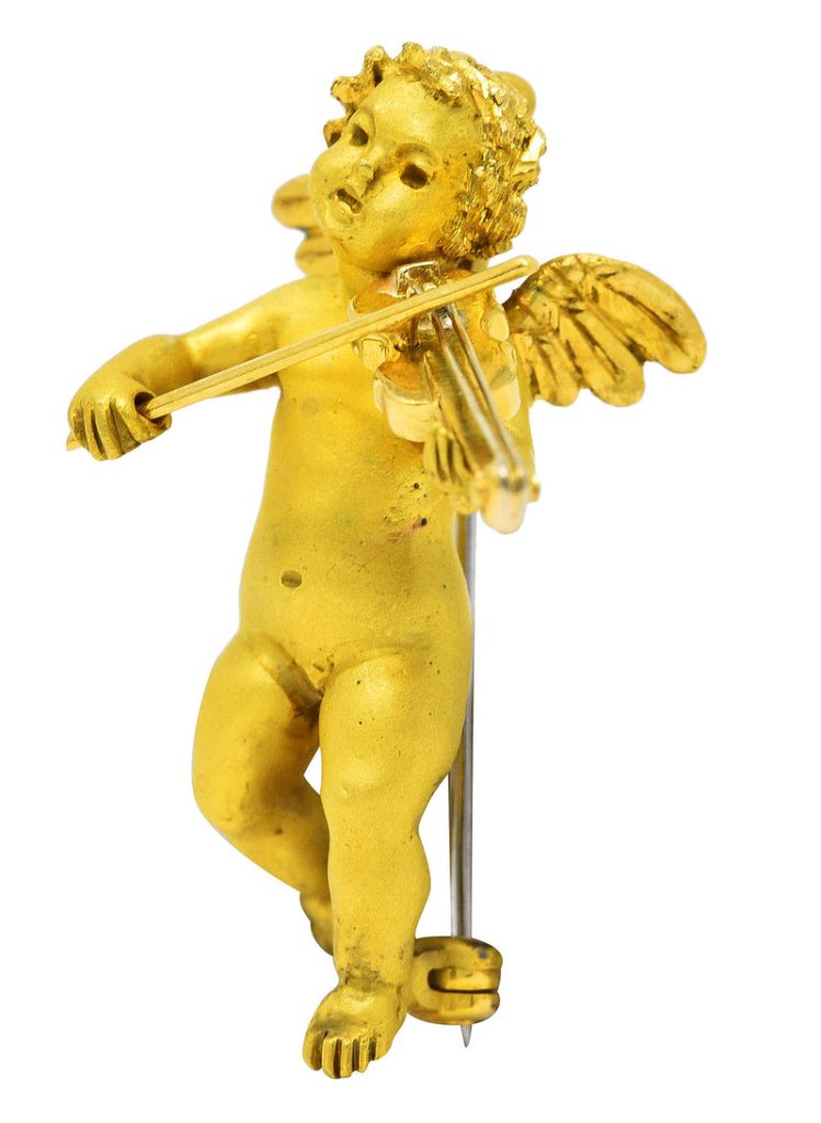 1960’s Vintage 18 Karat Yellow Gold Cherub Violin Pendant Brooch