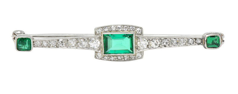 Dreicer & Co. Art Deco 1.49 CTW Emerald Diamond Platinum Antique Bar Brooch