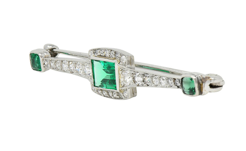 Dreicer & Co. Art Deco 1.49 CTW Emerald Diamond Platinum Antique Bar Brooch