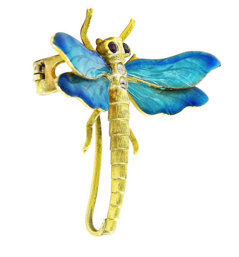 Riker Brothers Art Nouveau Ruby Diamond Guilloche Enamel 14 Karat Gold Dragonfly Pendant Brooch