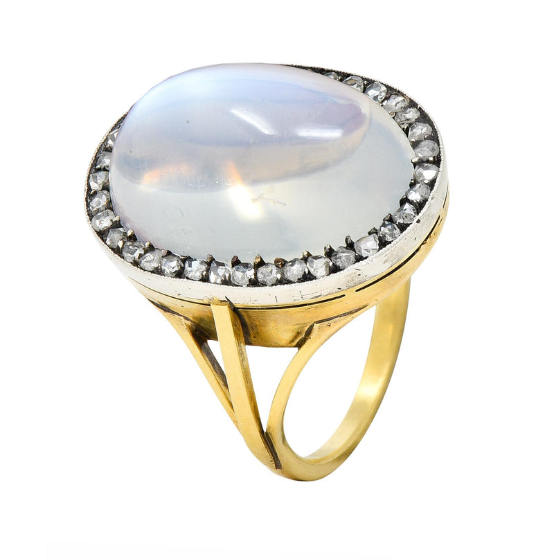 Moonstone Diamond Silver-Topped 18 Karat Yellow Gold Antique Ring