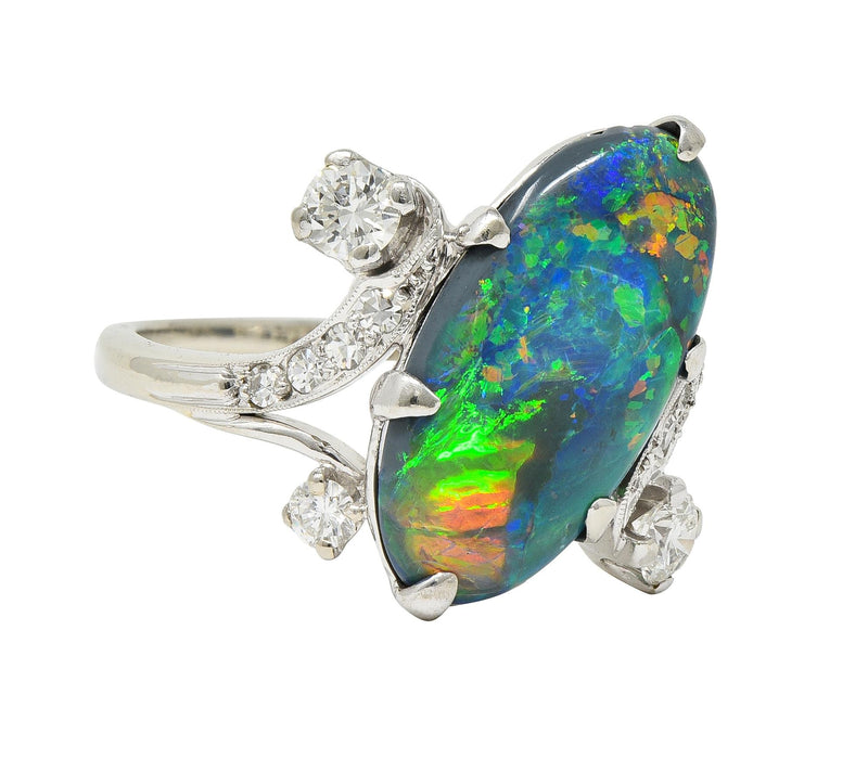 1950’s Black Opal Diamond 14 Karat White Gold Scrolling Navette Bypass Ring