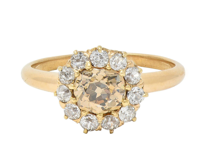 Victorian 1.18 CTW Old Mine Fancy Light Brown Diamond 14 Karat Gold Antique Halo Ring