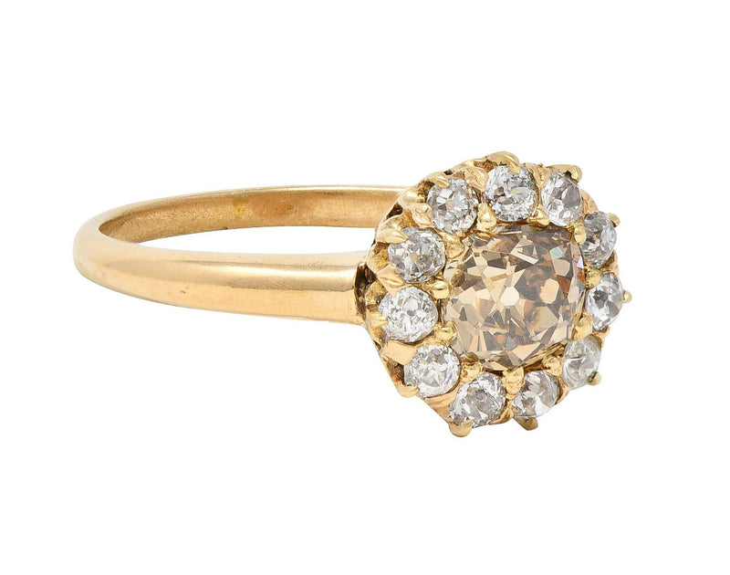 Victorian 1.18 CTW Old Mine Fancy Light Brown Diamond 14 Karat Gold Antique Halo Ring