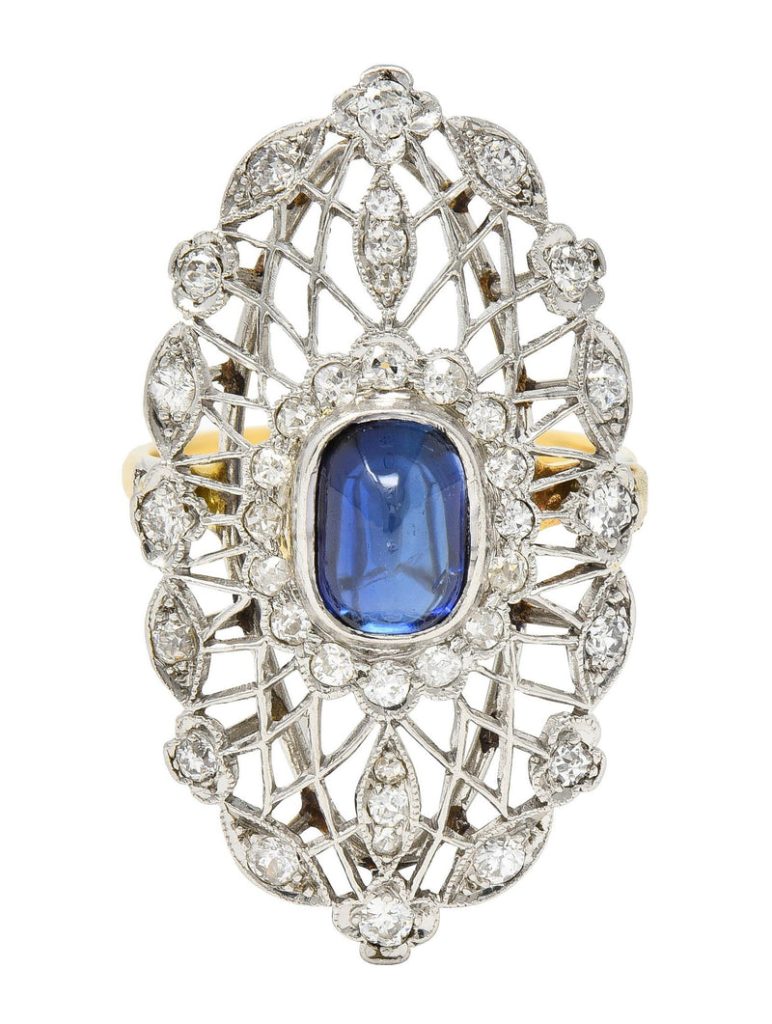 Belle Epoque 2.44 CTW No Heat Ceylon Sapphire Diamond Platinum 18 Karat Gold Antique Lace Ring GIA