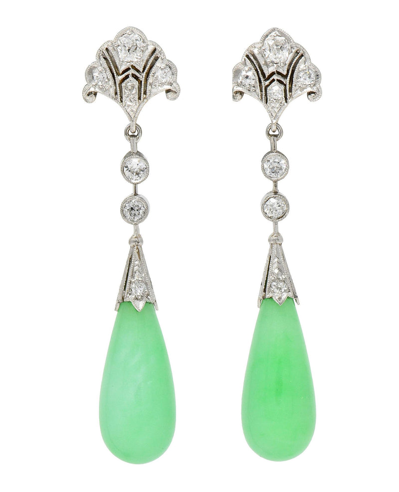 Art Deco Jadeite Jade Diamond Platinum Fanning Lotus Flower Vintage Drop Earrings