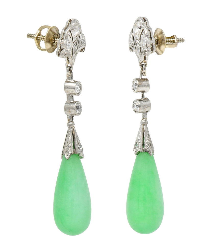 Art Deco Jadeite Jade Diamond Platinum Fanning Lotus Flower Vintage Drop Earrings