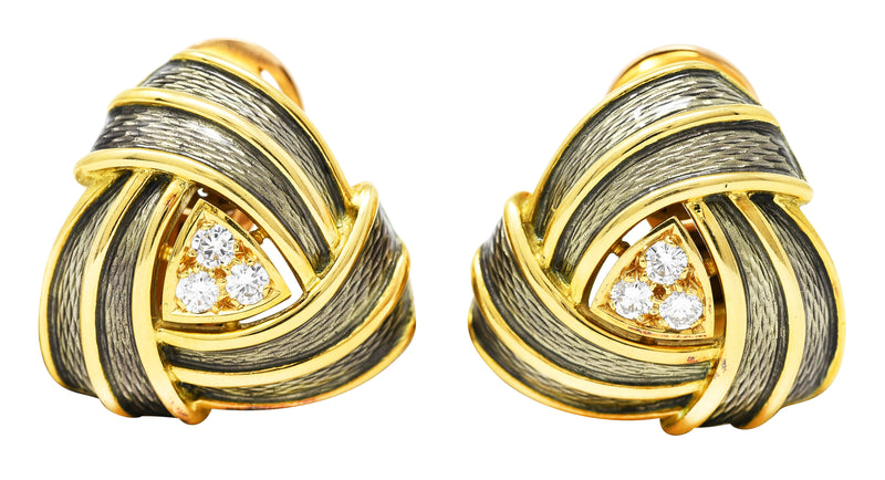 DeVroomen Diamond 18 Karat Yellow Gold Basse-Taille Enamel Soft Geometry Triangular Vintage Ear-Clip Earrings