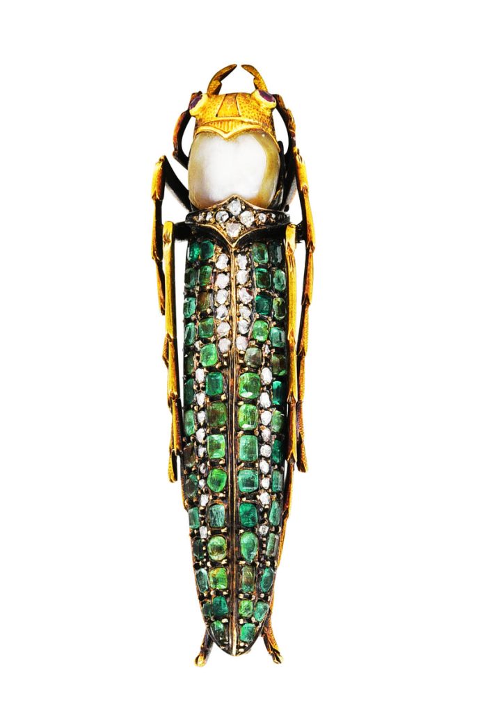 French Victorian Emerald Diamond Ruby Silver-Topped 18 Karat Gold Antique Cicada Insect Brooch