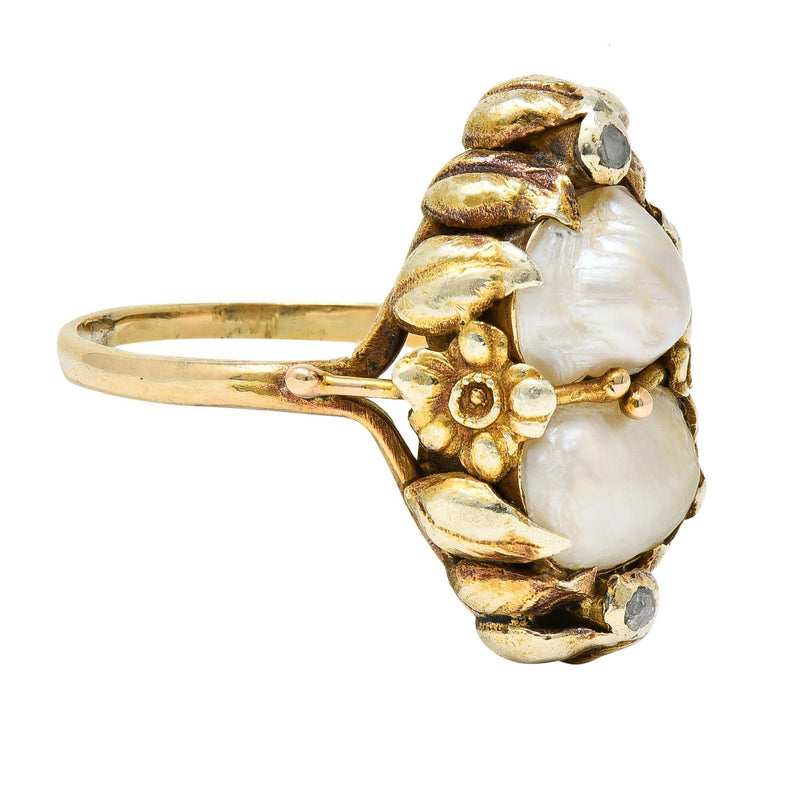 Arts & Crafts Diamond Baroque Pearl 14 Karat Yellow Gold Antique Floral Dinner Ring