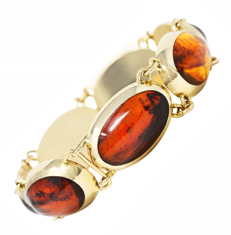 Halberstadt Willy Fagert Modernist 1960’s Baltic Amber 14 Karat Yellow Gold Insect Vintage Link Bracelet