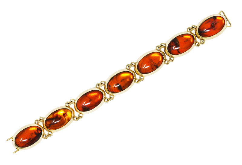 Halberstadt Willy Fagert Modernist 1960’s Baltic Amber 14 Karat Yellow Gold Insect Vintage Link Bracelet