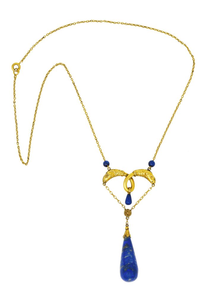 Victorian Etruscan Revival Lapis Lazuli 14 Karat Yellow Gold Ram Antique Swagged Necklace